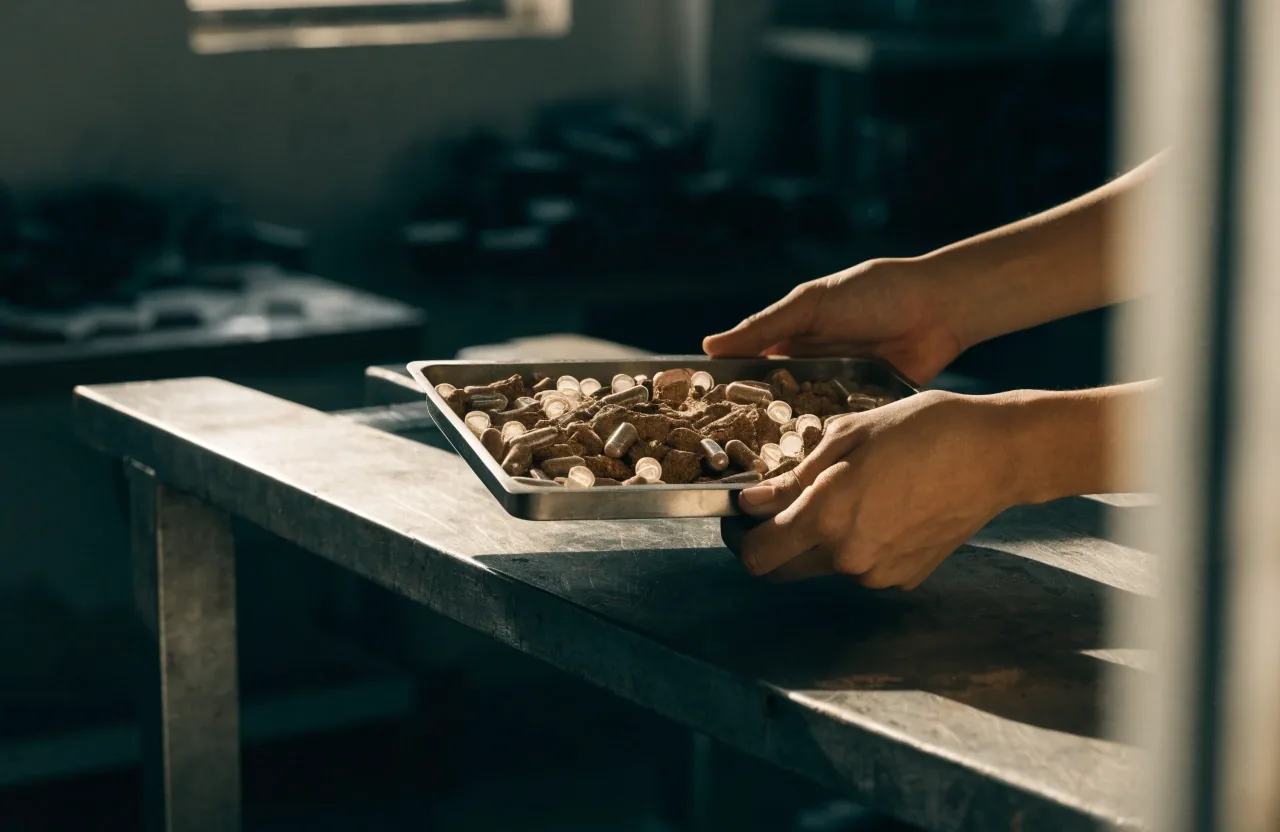 Matte steel tray, uncoated paper, glass of water and a root fragment on a dark working surface under hard side light