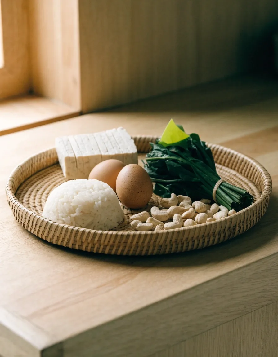 Everyday foods on a kitchen counter — rice, eggs, tempeh, greens and nuts