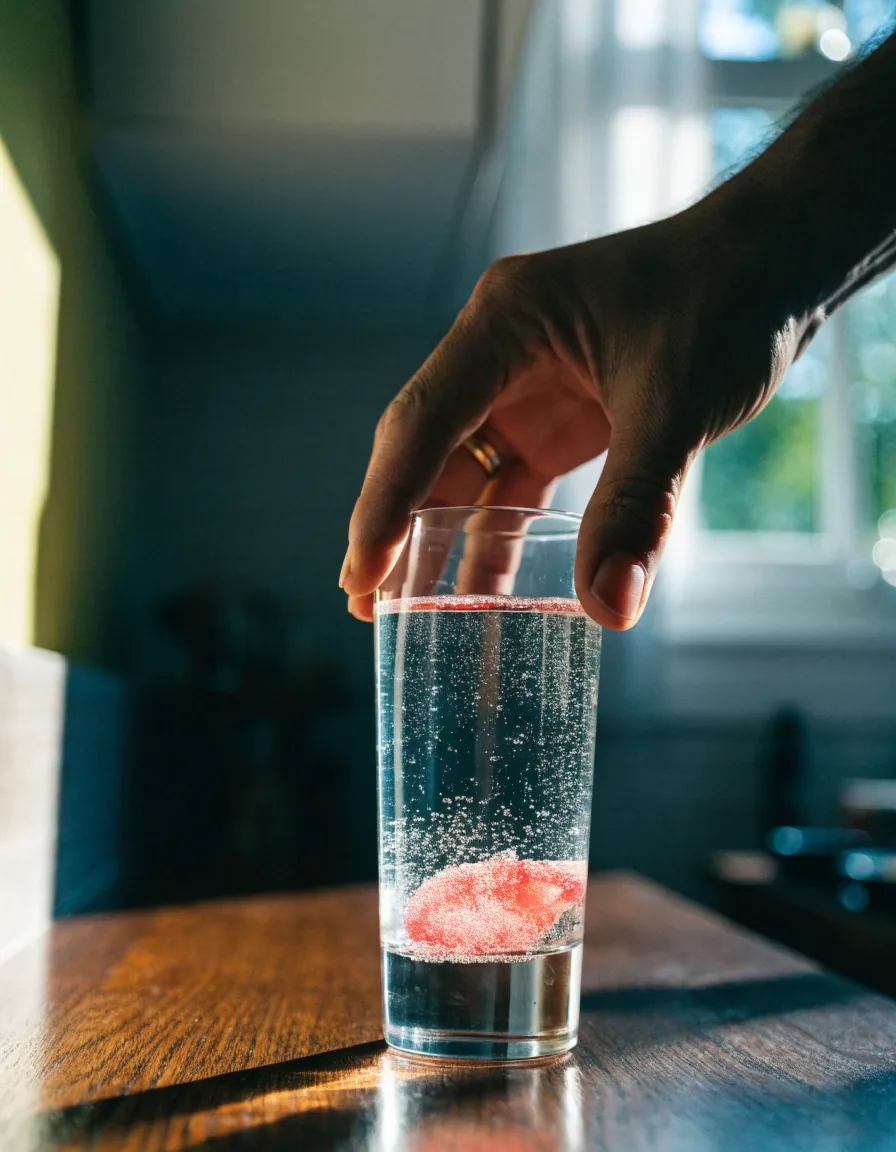 A rose-coloured effervescent tablet dissolving in a glass of water in side light