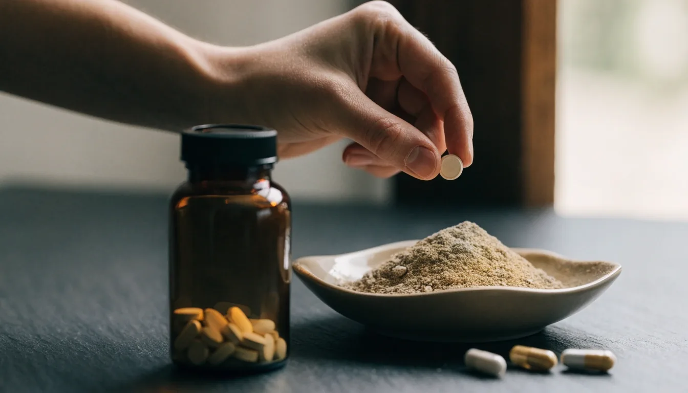 Empty capsules, tablets and a mineral dish arranged on paper under hard side light