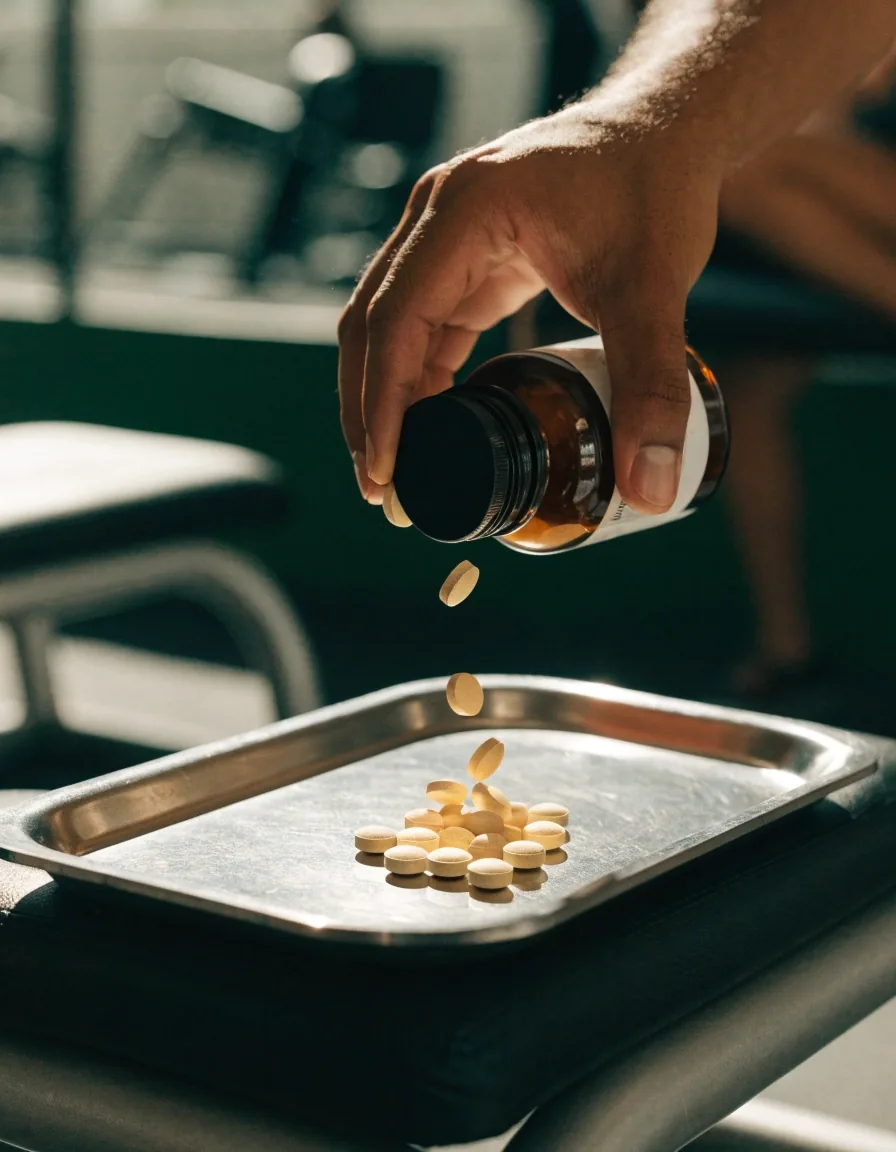 Hands tipping large tablets from a supplement bottle onto a steel tray