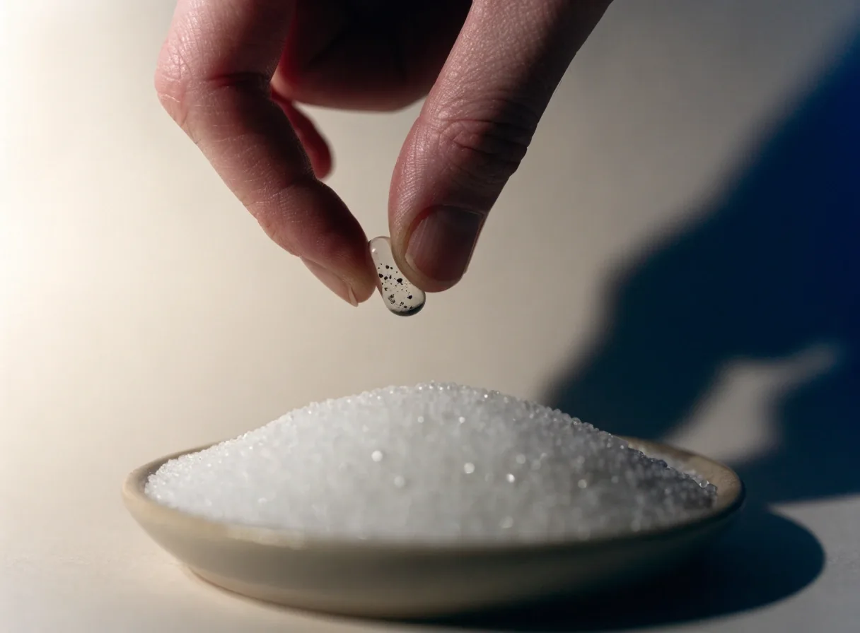 One clear capsule held up in front of a blurred dish of mineral granules