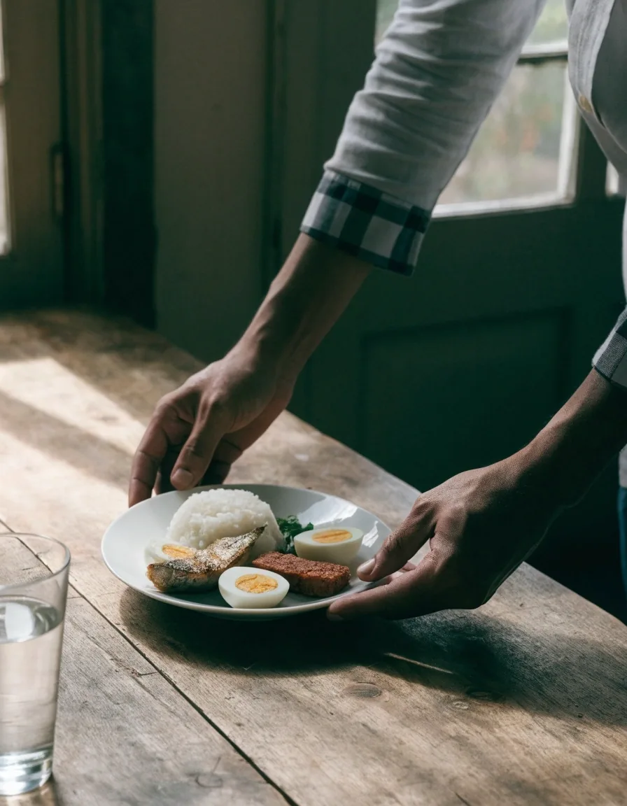 A plate of rice, grilled fish, boiled eggs, tempeh and greens on a plain table in window light