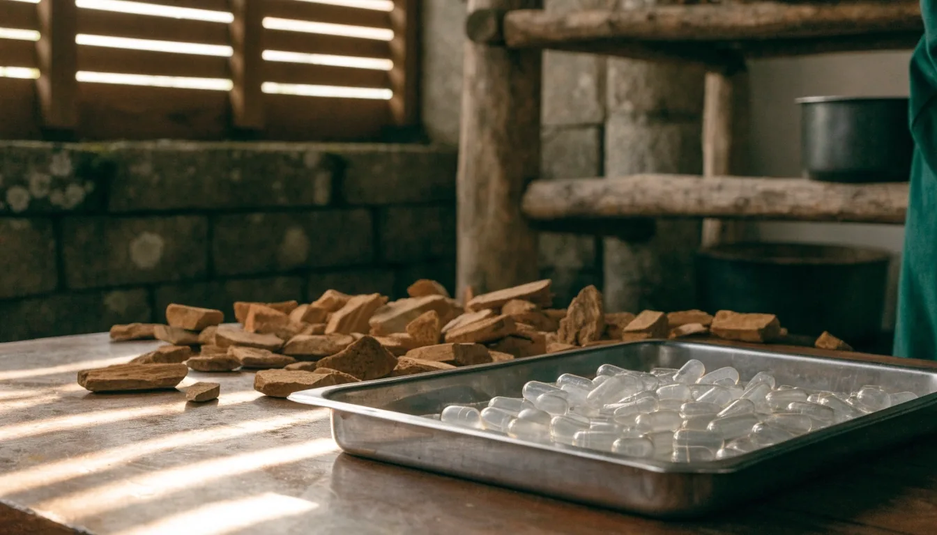 Macro study of tongkat ali root fragments and split capsules on a steel tray