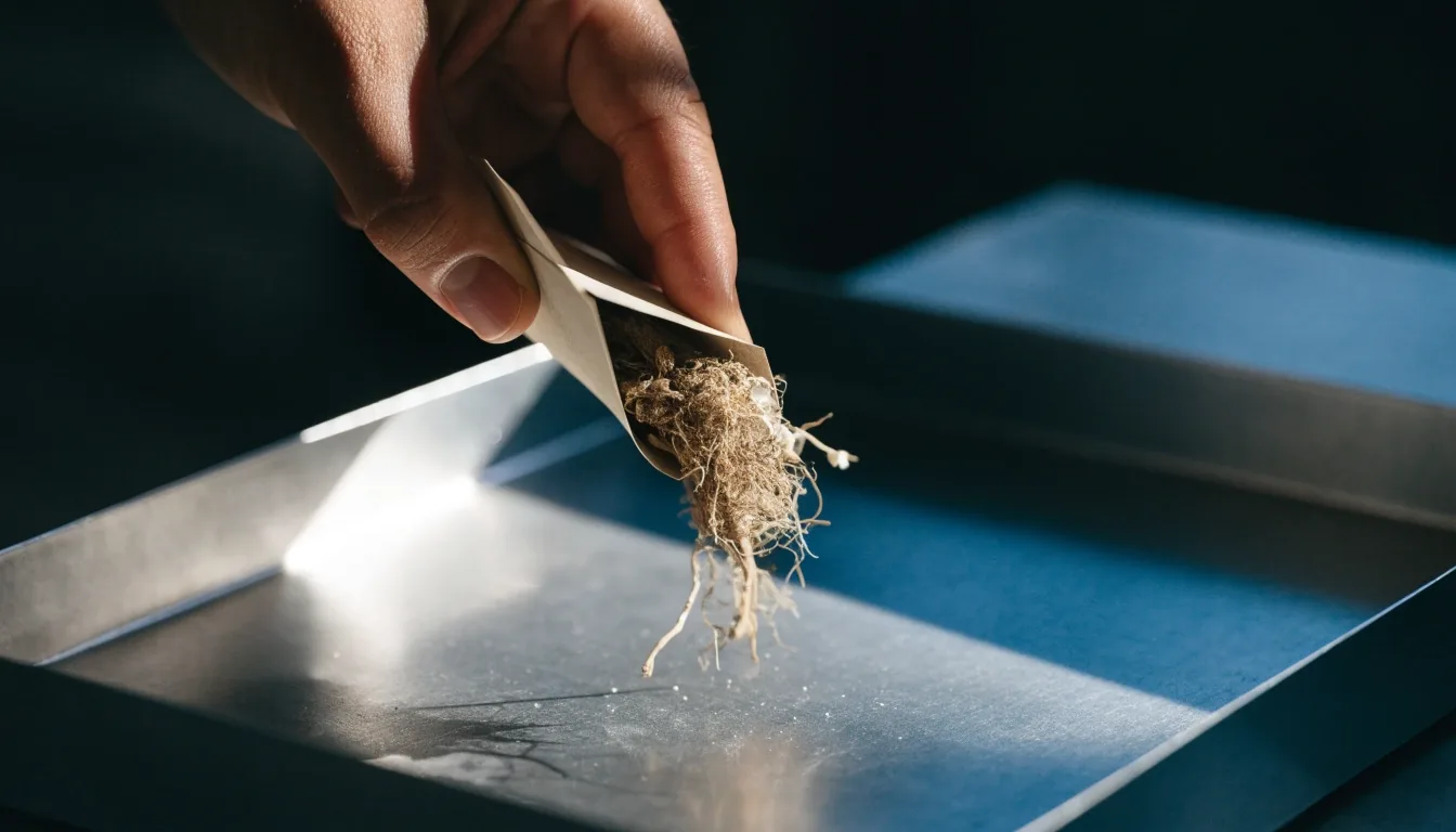 A hand tipping ground botanical root from a paper envelope onto a matte steel tray in hard noon light