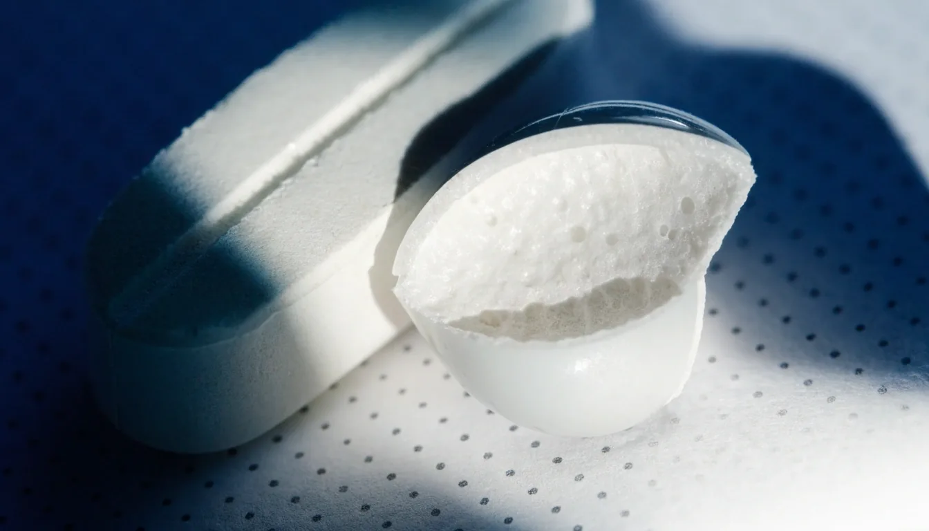 A capsule half shell and the scored edge of a tablet resting on printed paper in a hard rim light