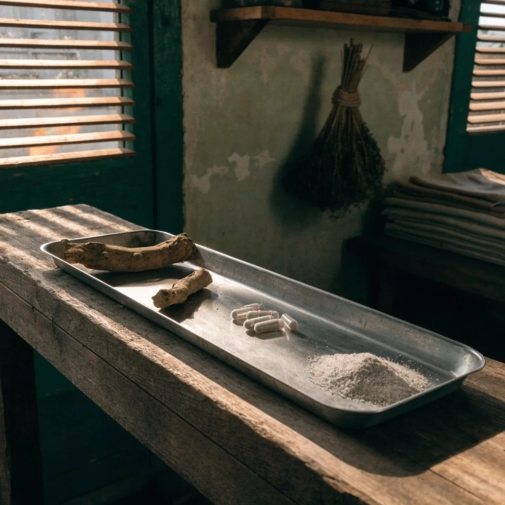Mineral granules and root powder in two shallow dishes on paper under harsh noon light